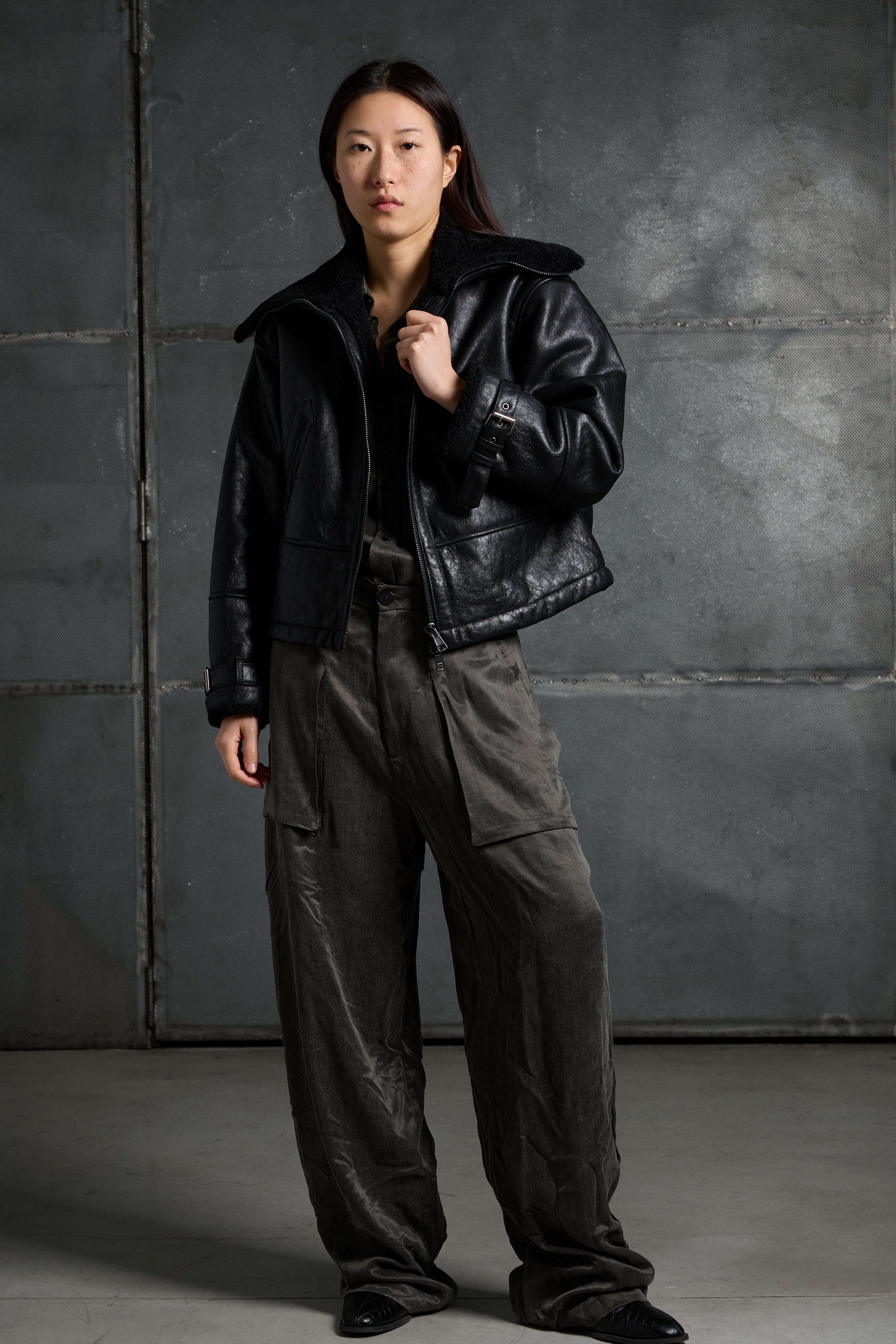 Women's leather jacket with sheepskin collar LJM013