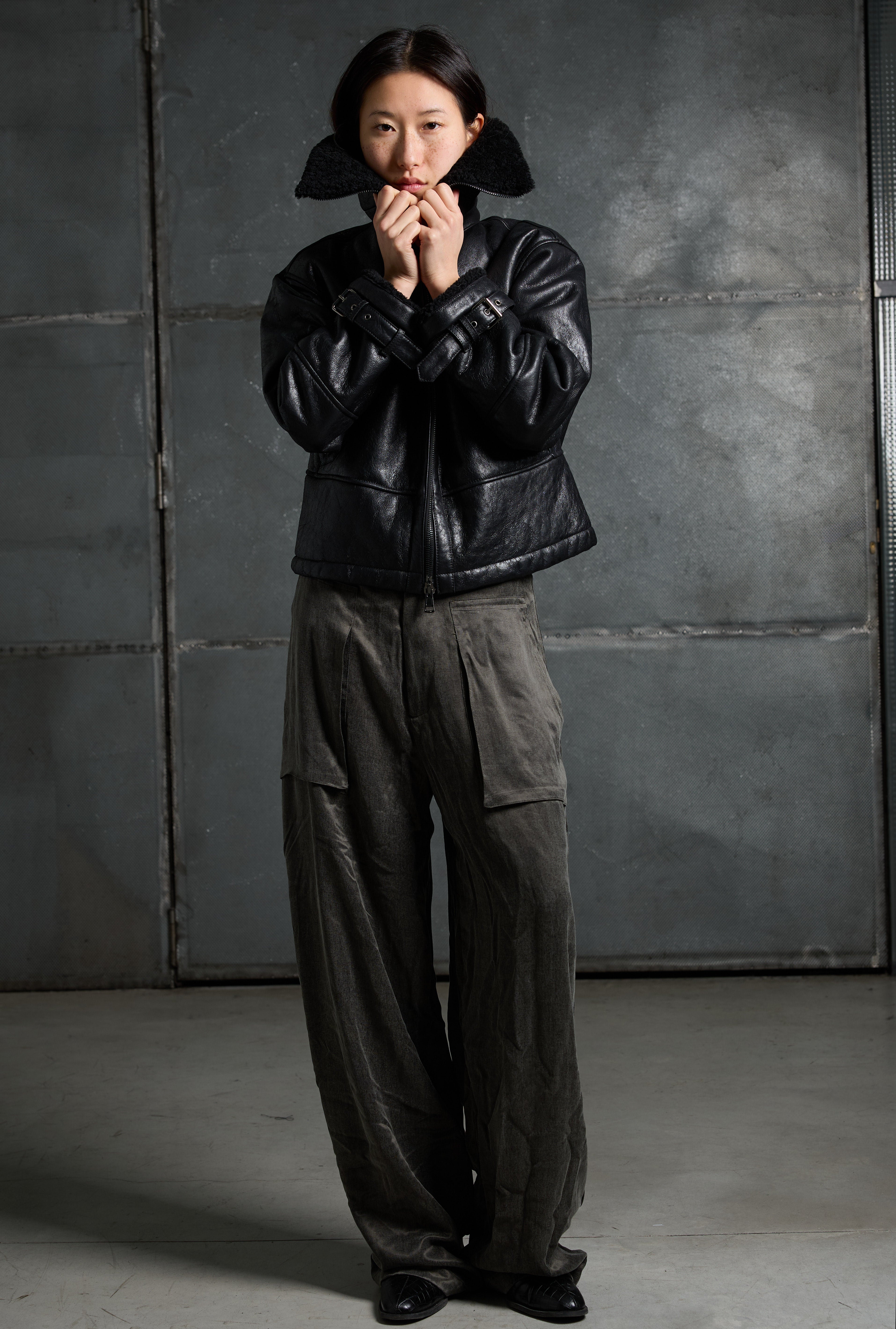 Women's leather jacket with sheepskin collar LJM013