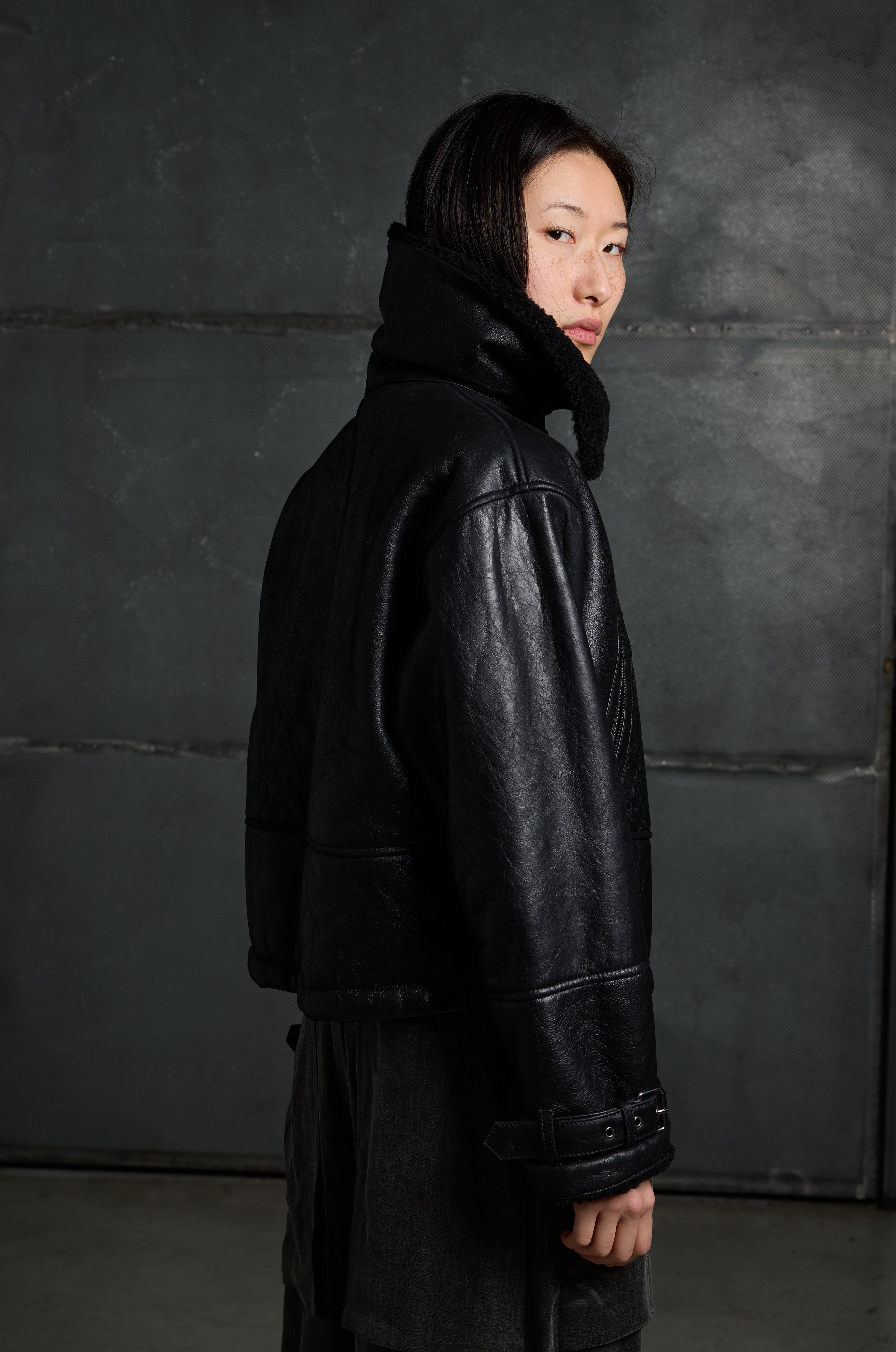Women's leather jacket with sheepskin collar LJM013
