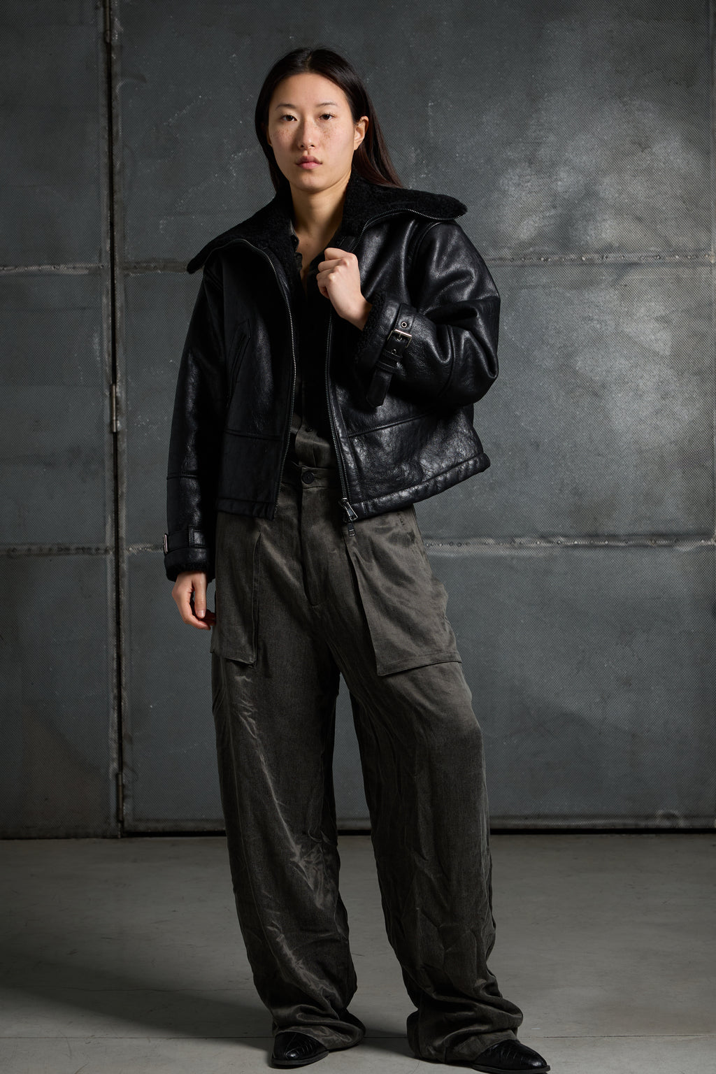 Women's leather jacket with sheepskin collar LJM013