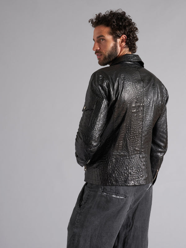 Black crocodile print biker jacket in genuine leather MJL058