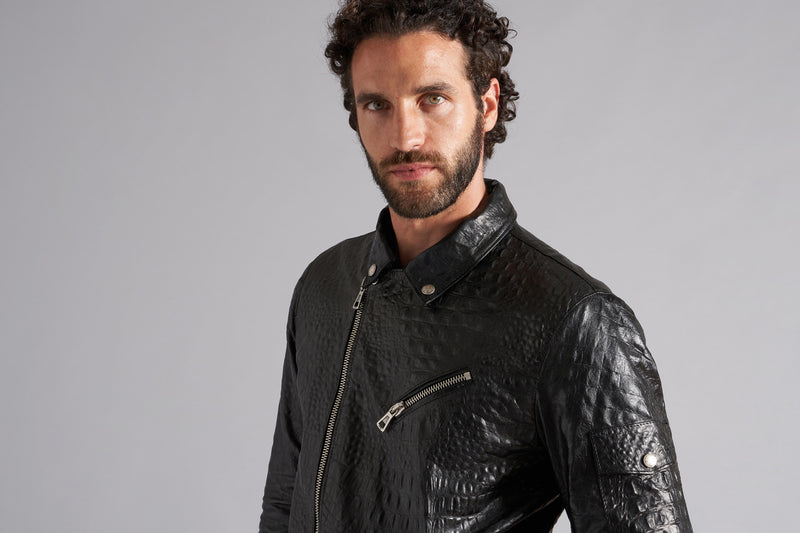 Black crocodile print biker jacket in genuine leather MJL058